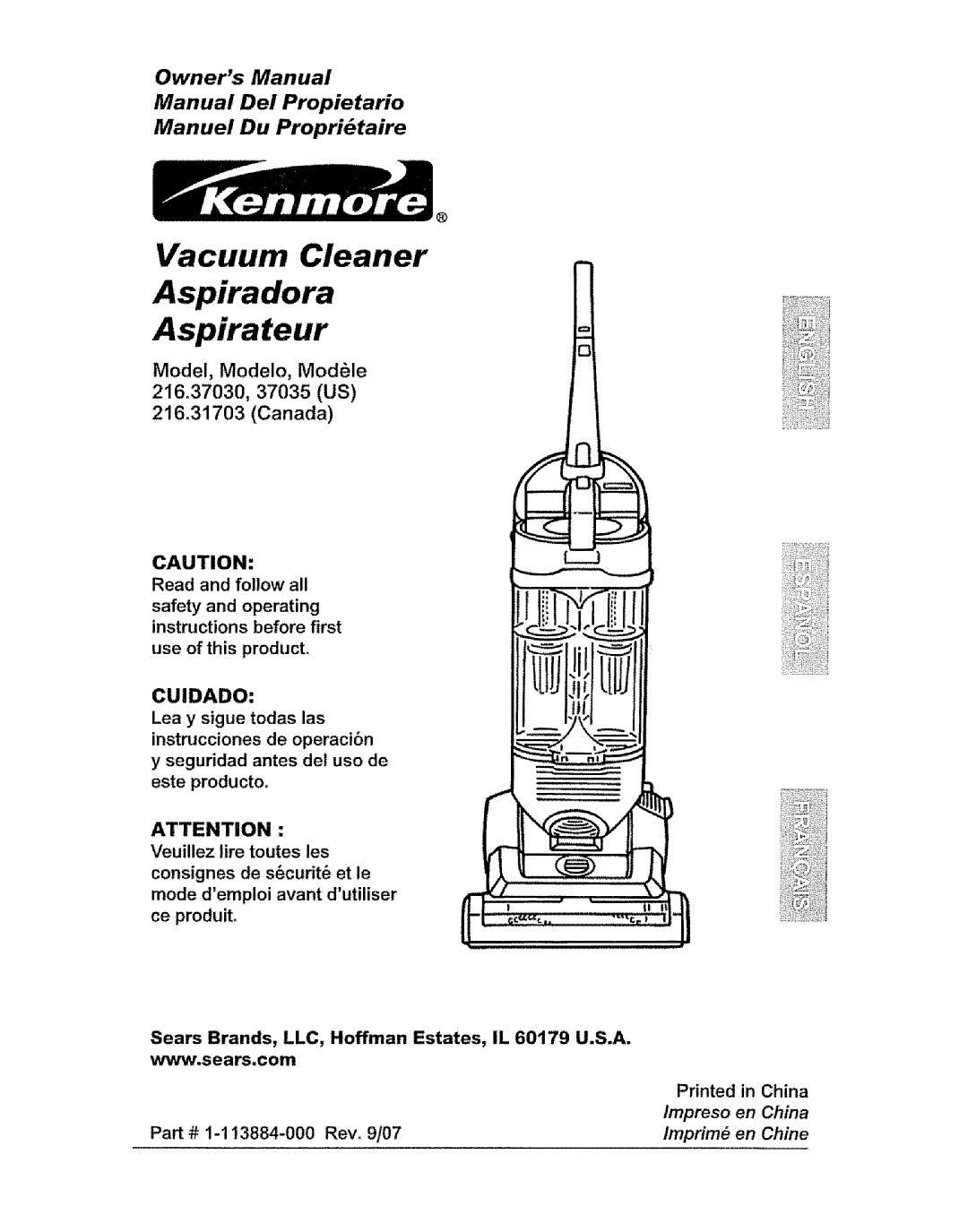 Kenmore 37035, 216.31703 owner manual Model, Modelo, Mod61e, Vacuum Cleaner Aspiradora Aspirateur, Manuel Du Propri taire 
