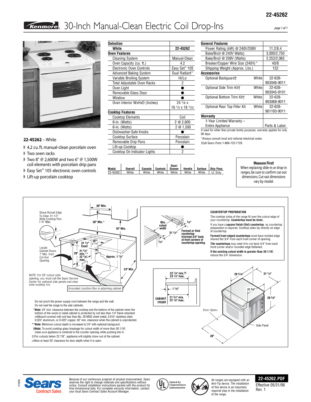 Kenmore 22-45262 specifications Selection White, Oven Features, Cooktop Features, General Features, Accessories, Warranty 