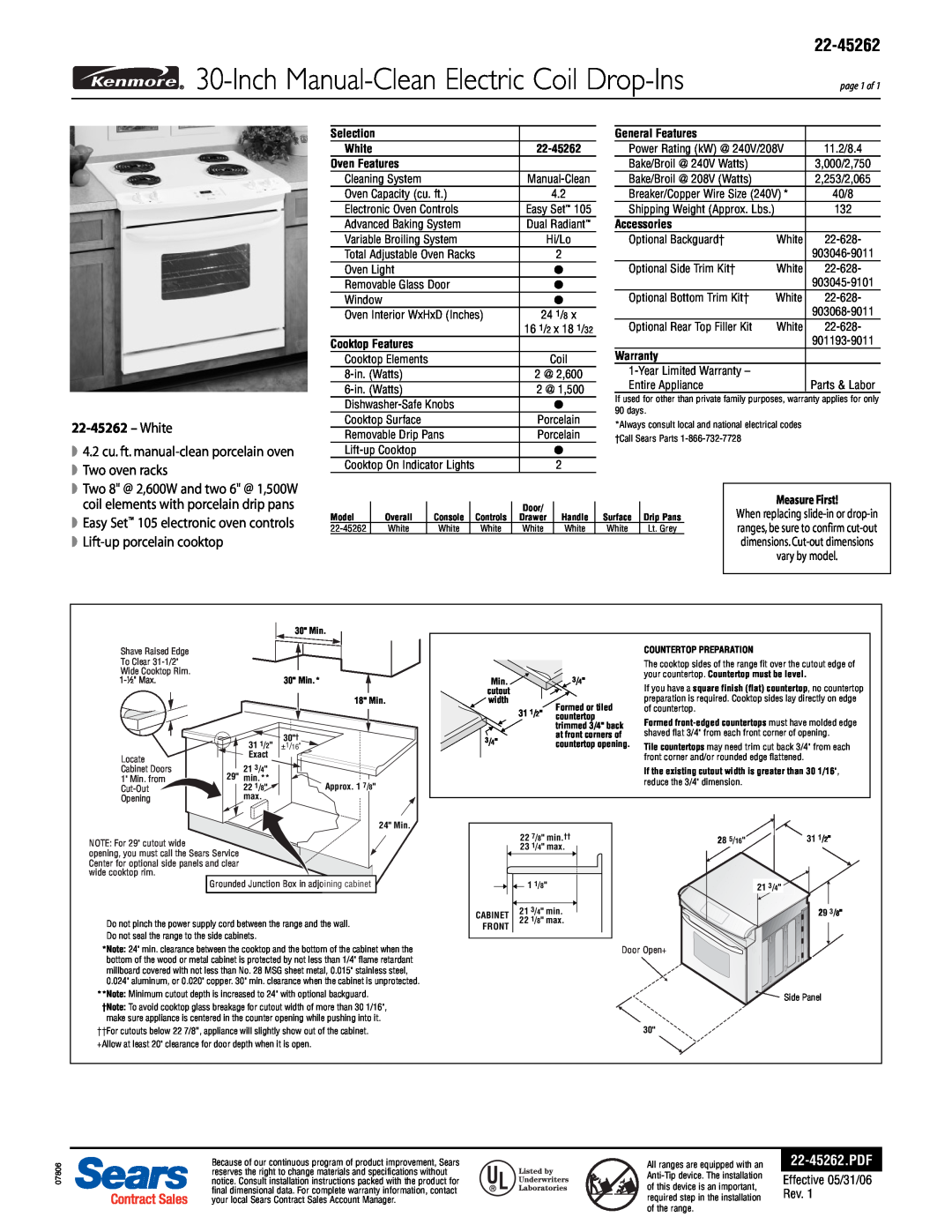 Kenmore 22-45262 specifications Inch Manual-Clean Electric Coil Drop-Ins, White, Two oven racks, Effective 05/31/06 Rev 
