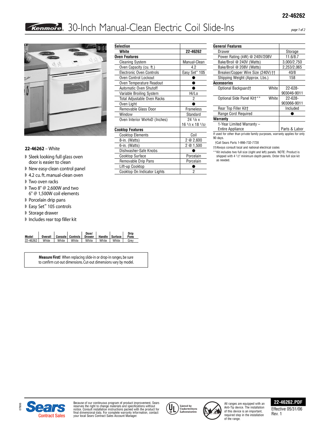 Kenmore 22-46262 specifications Selection White, Oven Features, Cooktop Features, General Features, Accessories, Warranty 