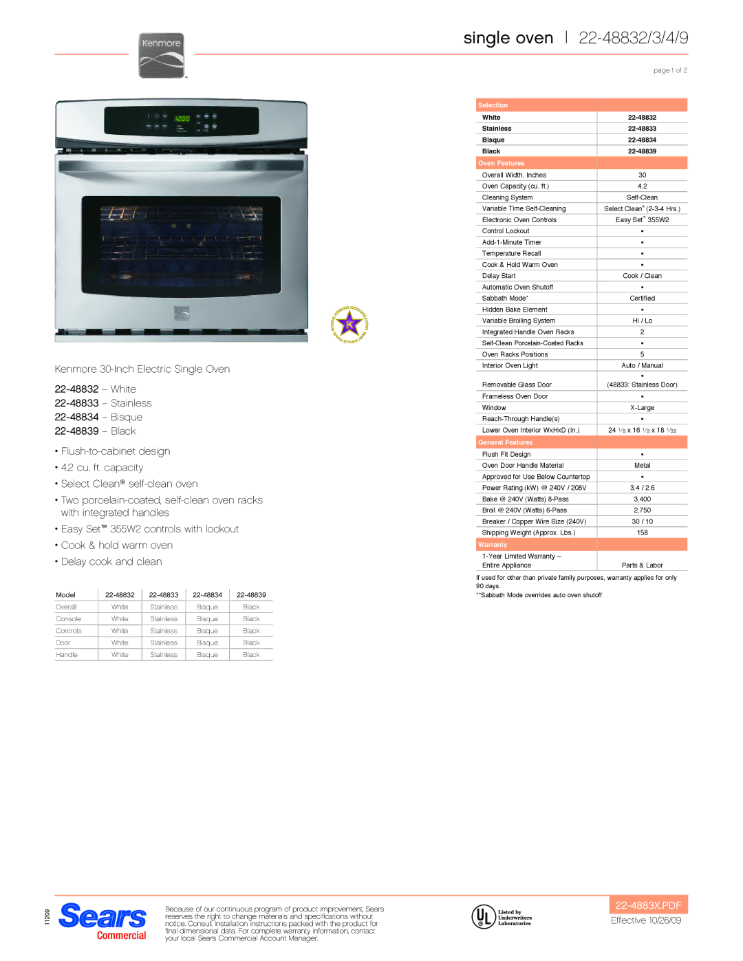 Kenmore 22-48833, 22-48839, 22-48834 installation instructions Single oven 22-48832/3/4/9, Oven Features 