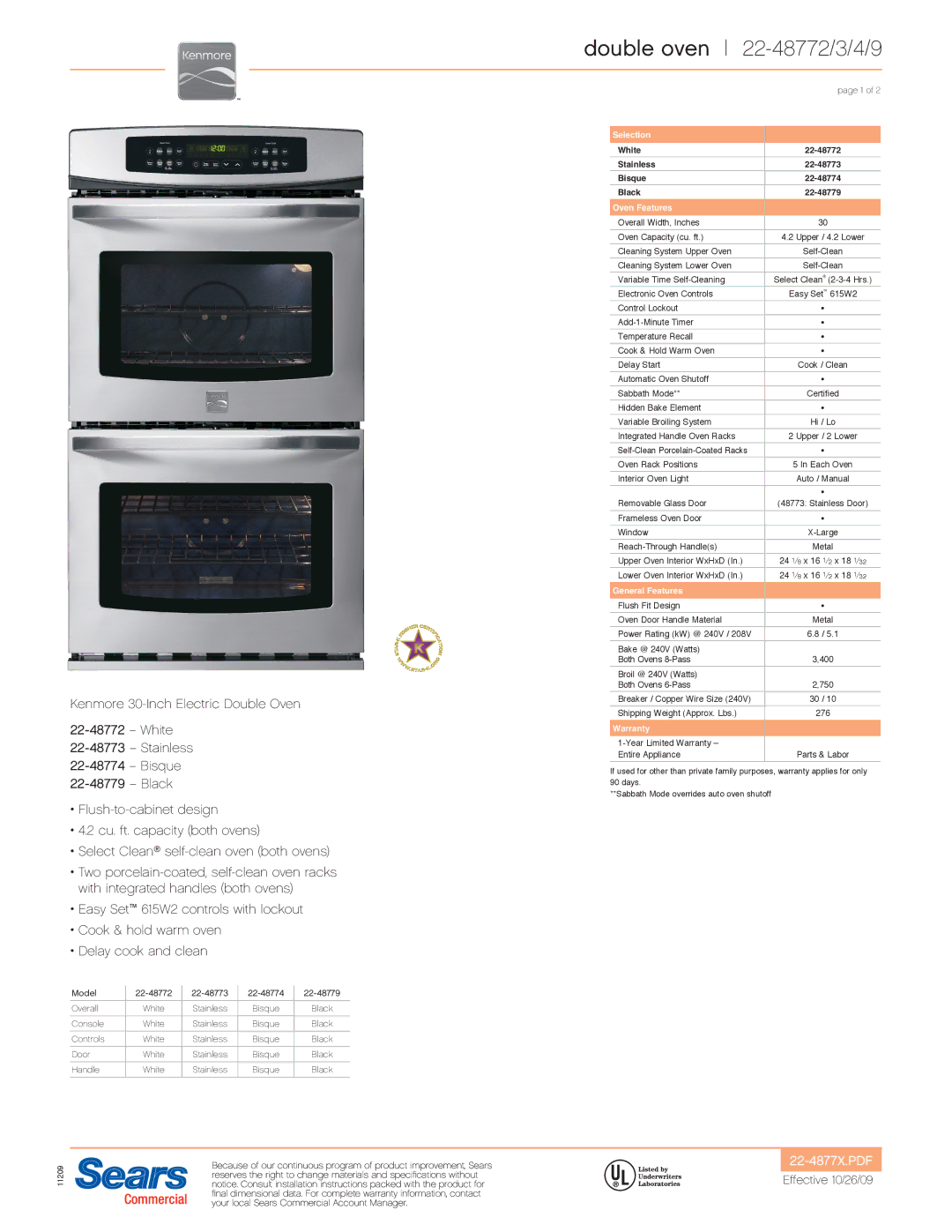 Kenmore 22-48832, 22-48839, 22-48833, 22-48834 installation instructions Double oven 22-48772/3/4/9 