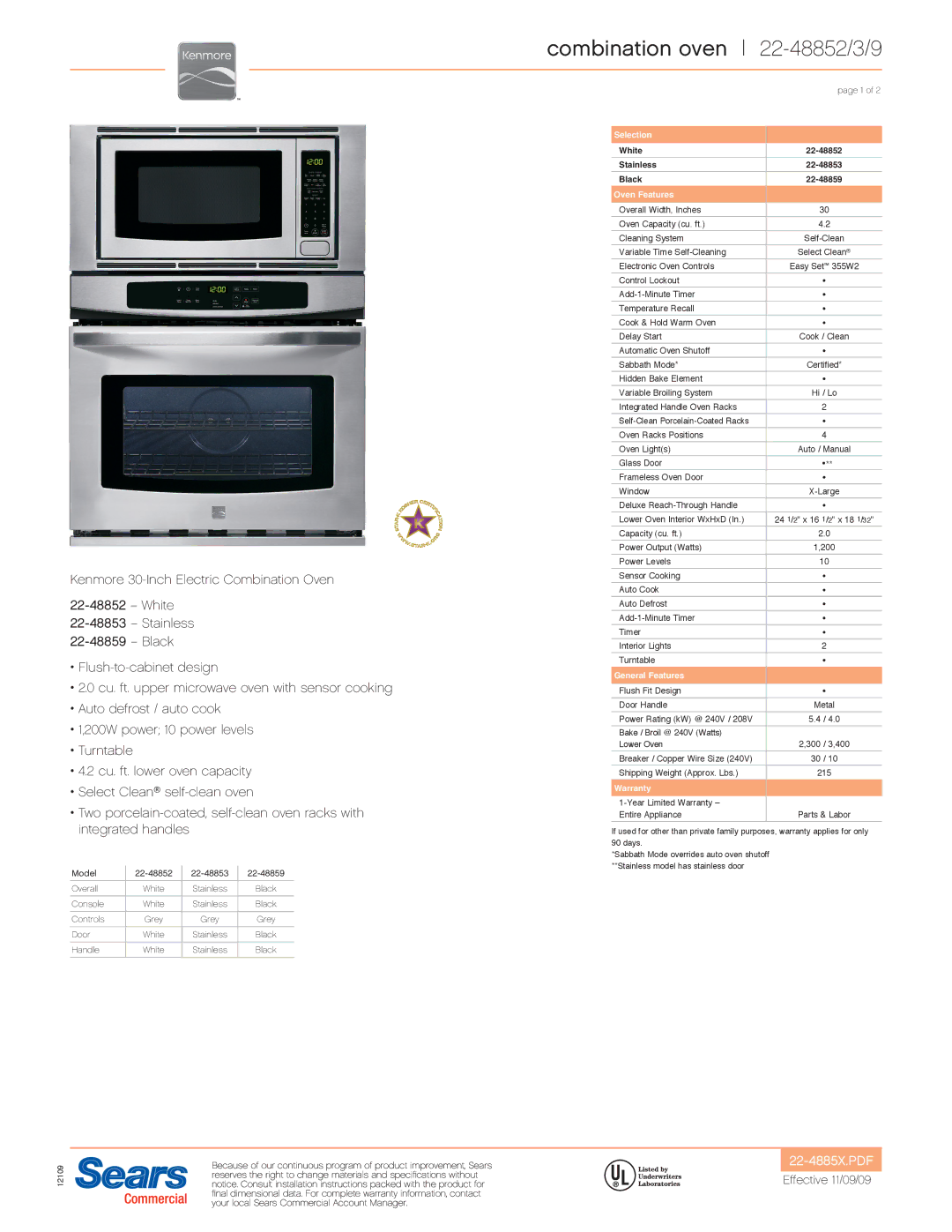 Kenmore 22-48833, 22-48839, 22-48834, 22-48832 installation instructions Combination oven 22-48852/3/9 