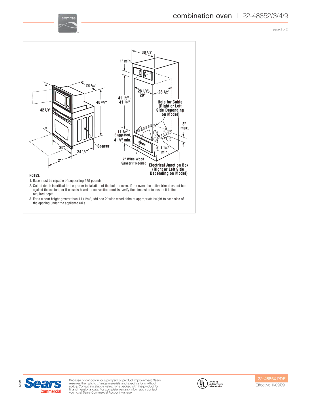 Kenmore 22-48834, 22-48839, 22-48833, 22-48832 installation instructions Combination oven 22-48852/3/4/9 