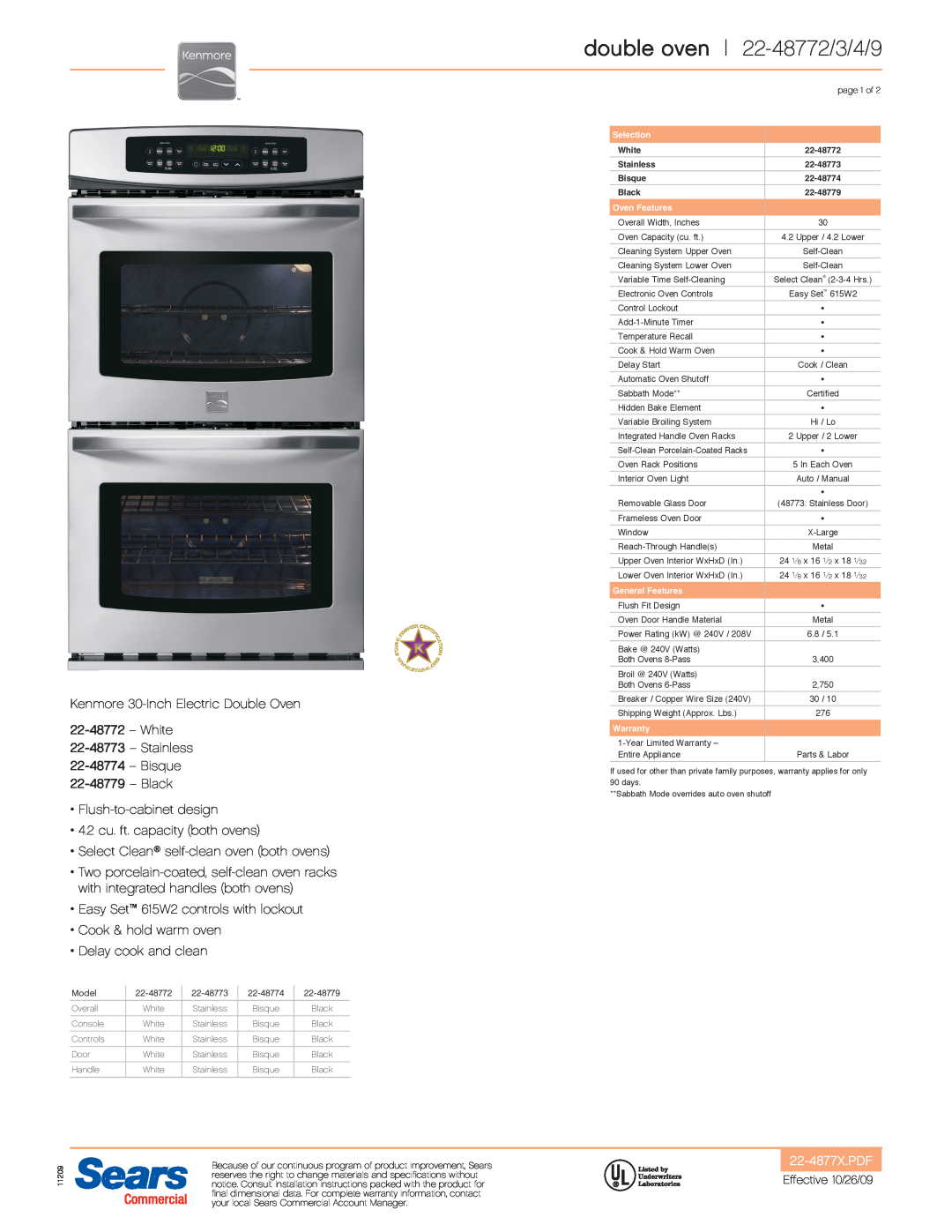 Kenmore 22-48832, 22-48839 double oven 22-48772/3/4/9, Kenmore 30-Inch Electric Double Oven 22-48772 - White, 22-4877X.PDF 