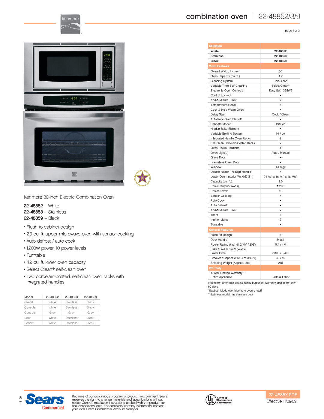 Kenmore 22-48833 combination oven 22-48852/3/9, Kenmore 30-Inch Electric Combination Oven 22-48852 - White, 22-4885X.PDF 