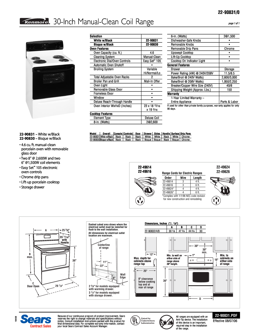 Kenmore specifications Inch Manual-Clean Coil Range, 22-90831/0, White w/Black 22-90830 - Bisque w/Black, 22-49624 