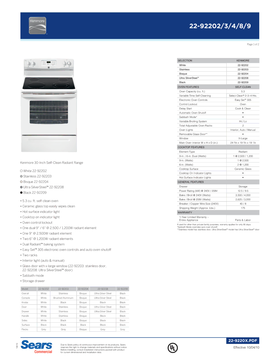 Kenmore 22-92208 specifications Selection Kenmore, Oven Features SELF-CLEAN, Cooktop Features, General Features, Warranty 