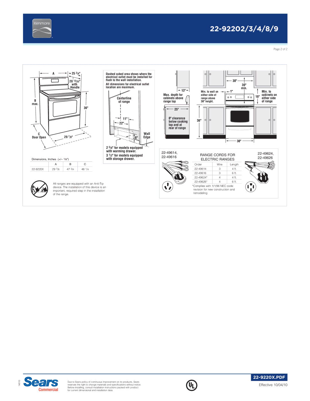 Kenmore 22-92202, 22-92209, 22-92208, 22-92203, 22-92204 specifications 29 7 