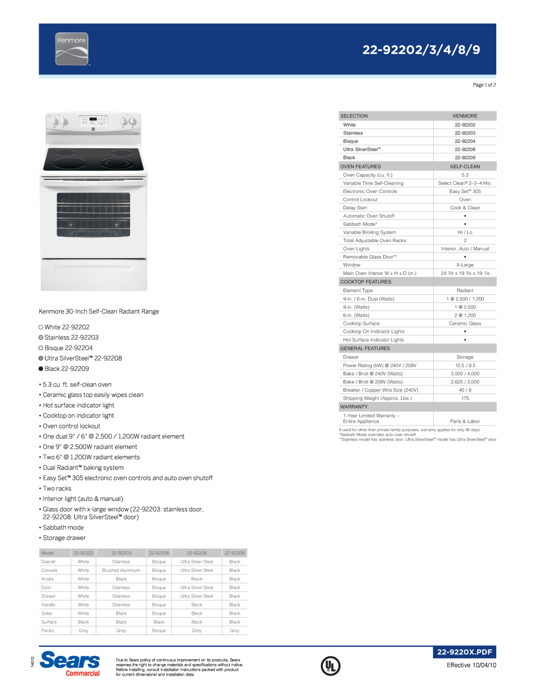 Kenmore 22-92208, 22-92209, 22-92203, 22-92204 specifications 22-92202/3/4/8/9 