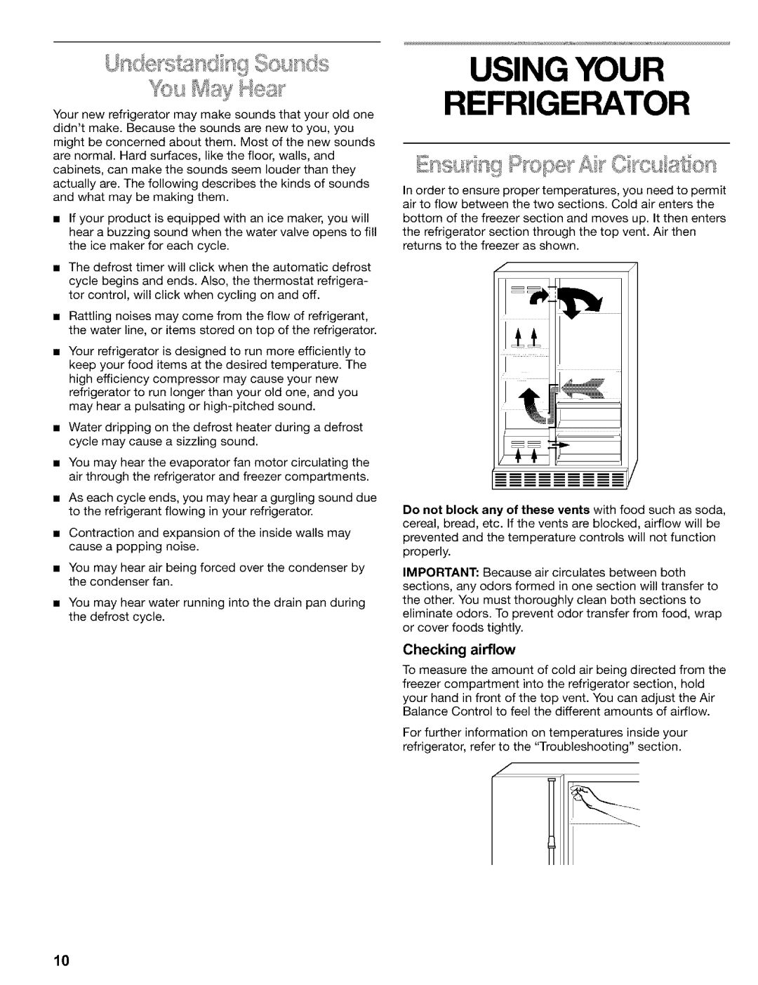 Kenmore 2200128 manual Using Your Refrigerator, Checking airflow 