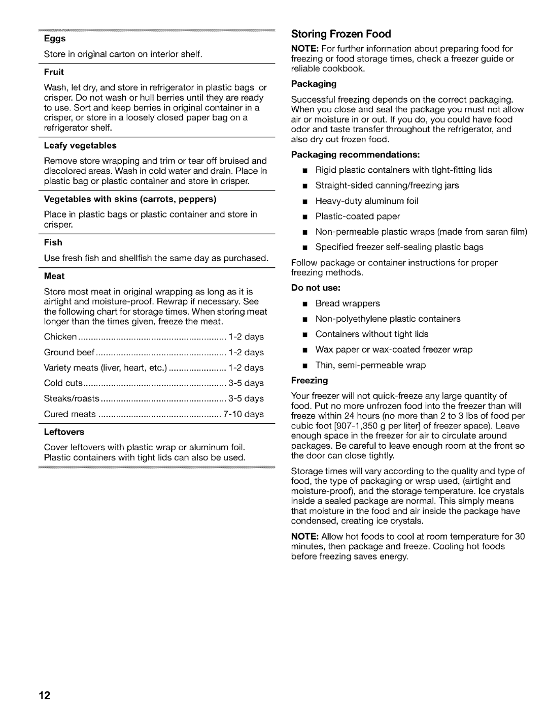 Kenmore 2200128, Refrigerator manual Storing Frozen Food 