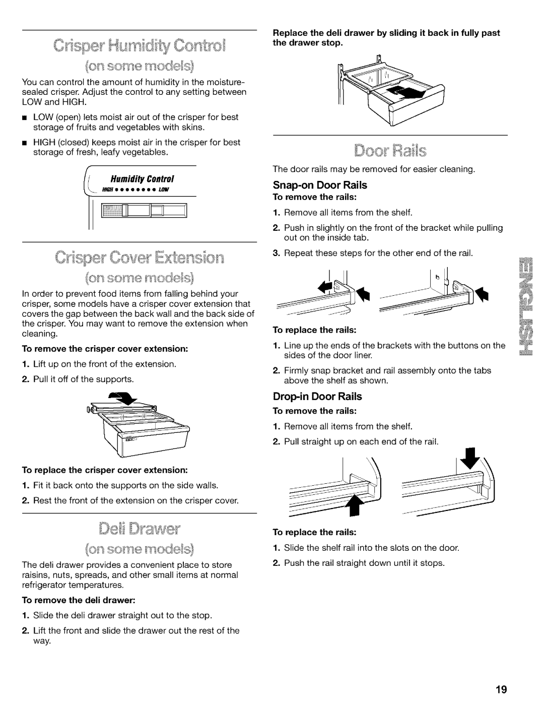 Kenmore Refrigerator, 2200128 manual Snap-on Door Rails, Drop-in Door Rails 