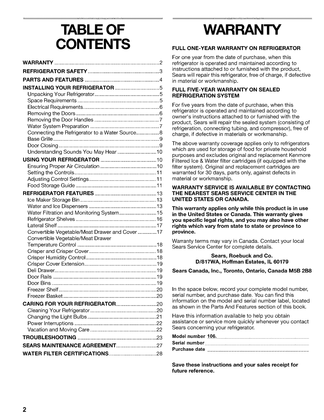 Kenmore 2200128, Refrigerator manual Contents 