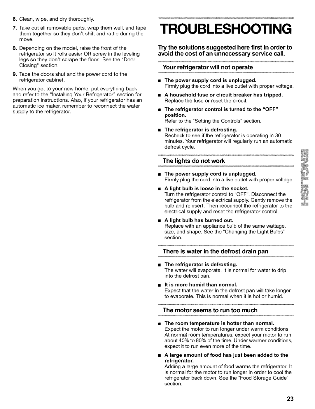 Kenmore Refrigerator, 2200128 manual Troubleshooting, Lights do not work, There is water in the defrost drain pan 