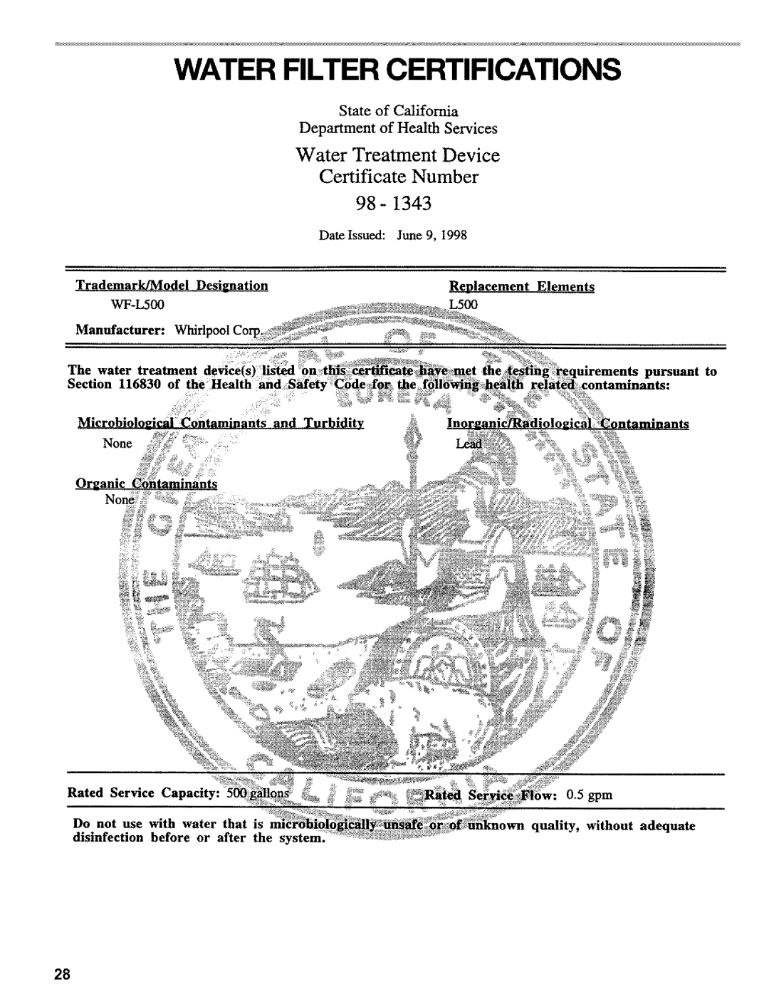 Kenmore 2200128, Refrigerator manual Water Filter Certifications 