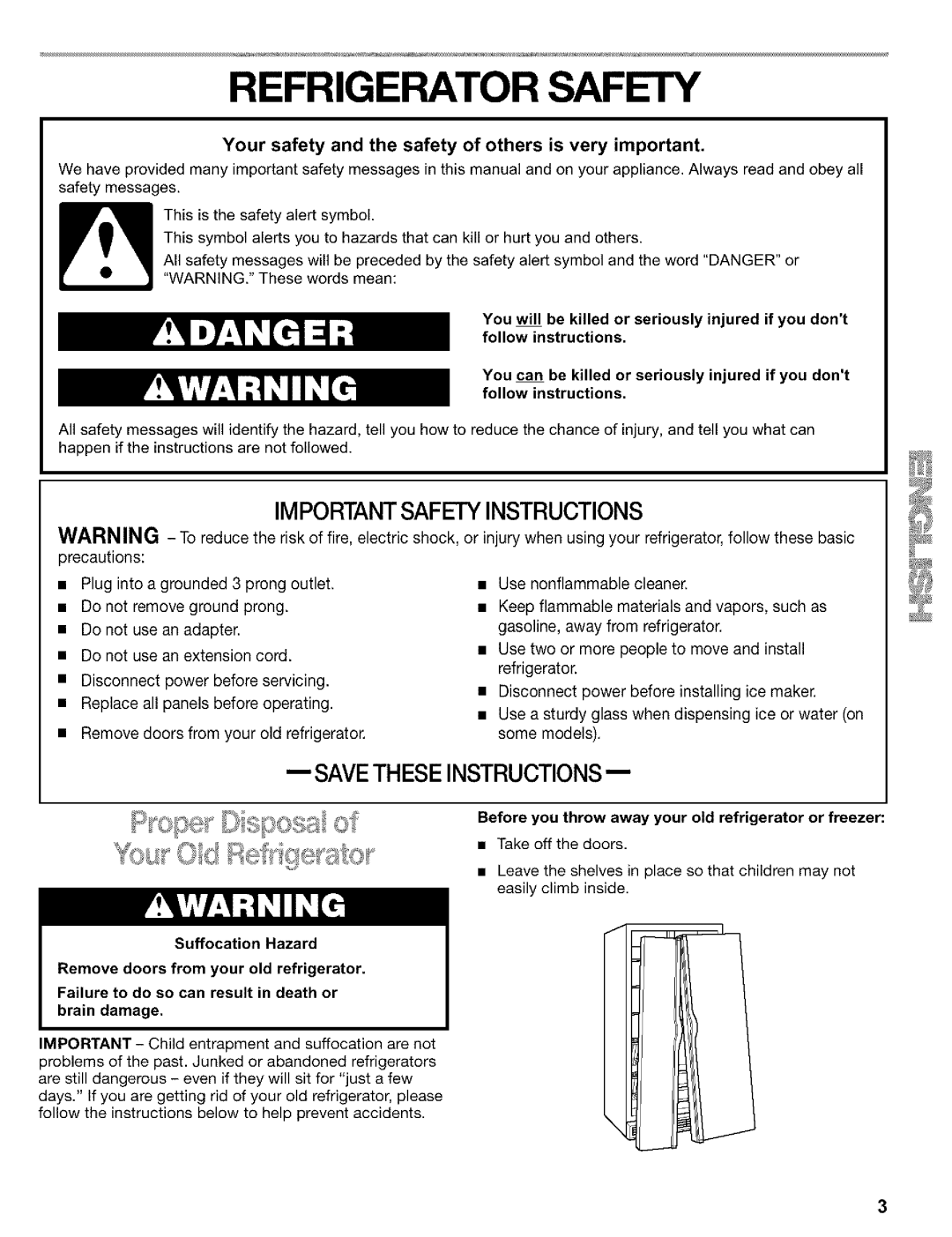 Kenmore Refrigerator, 2200128 manual Your safety and the safety of others is very important 