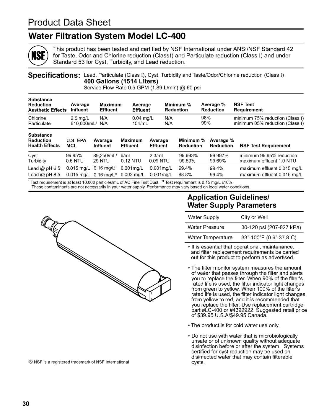 Kenmore 2200128, Refrigerator manual Water Filtration System Model LC-400, Maximum 