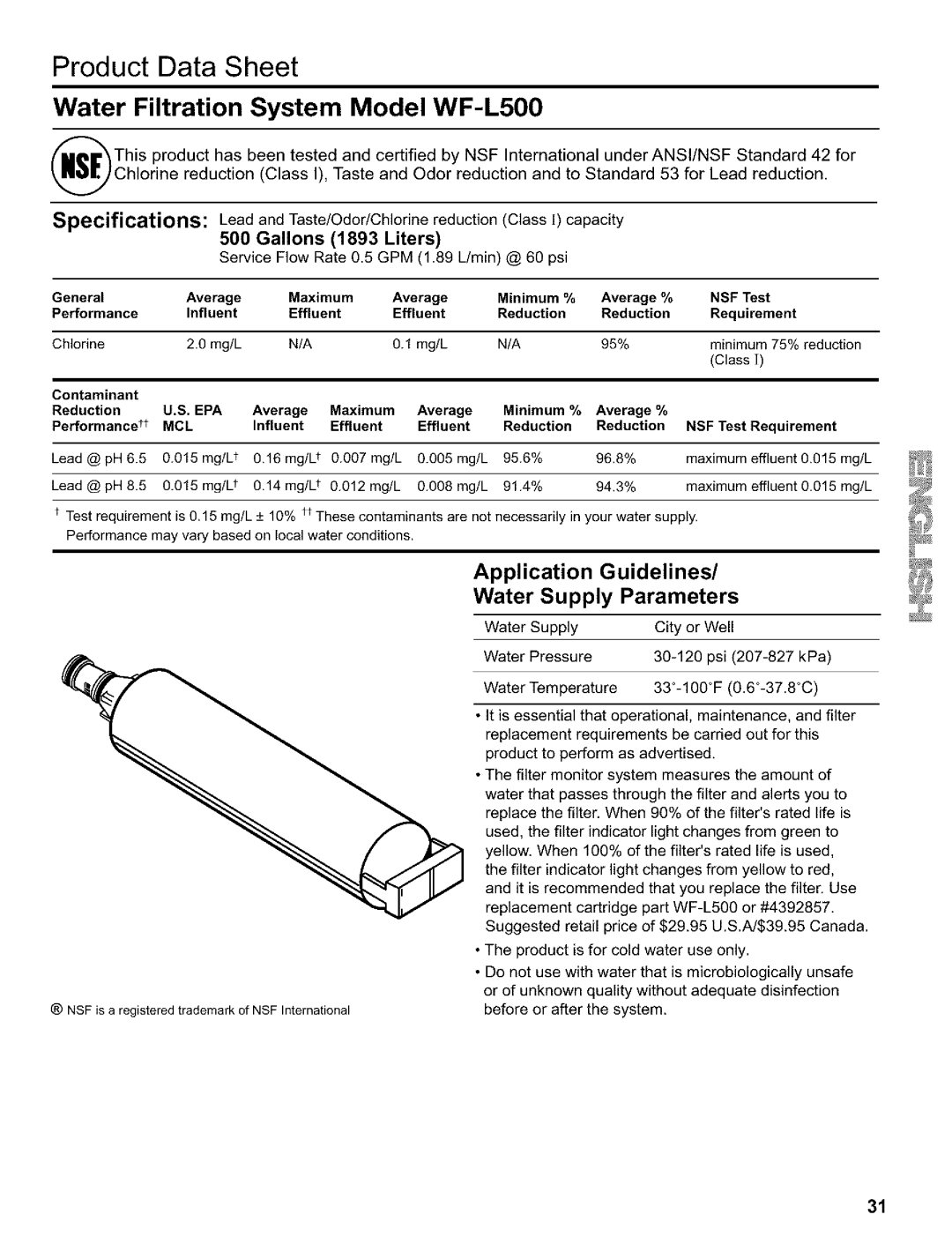 Kenmore Refrigerator, 2200128 manual Performance tt, Influent, Reduction NSF Test Requirement 