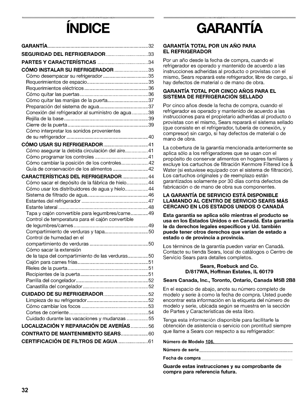 Kenmore 2200128, Refrigerator manual Ndicegaranta 