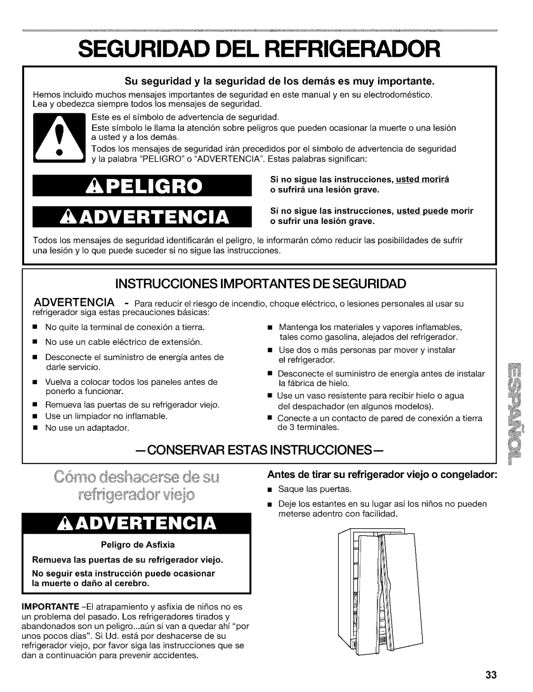 Kenmore Refrigerator, 2200128 manual Seguridad DEL Refrigerador, Su seguridad y la seguridad de los demos es muy importante 