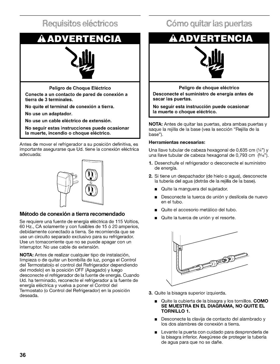 Kenmore 2200128, Refrigerator manual Metodo de conexibn a tierra recomendado, Herramientas necesarias 