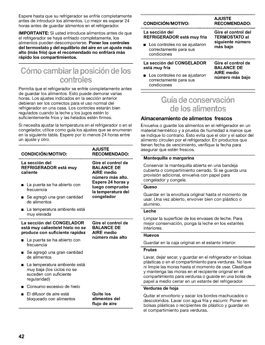 Kenmore 2200128 manual Almacenamiento de alimentos frescos, Ajuste CONDICIN/MOTIVORECOMENDADO, Condicin/Motivo, Balance DE 