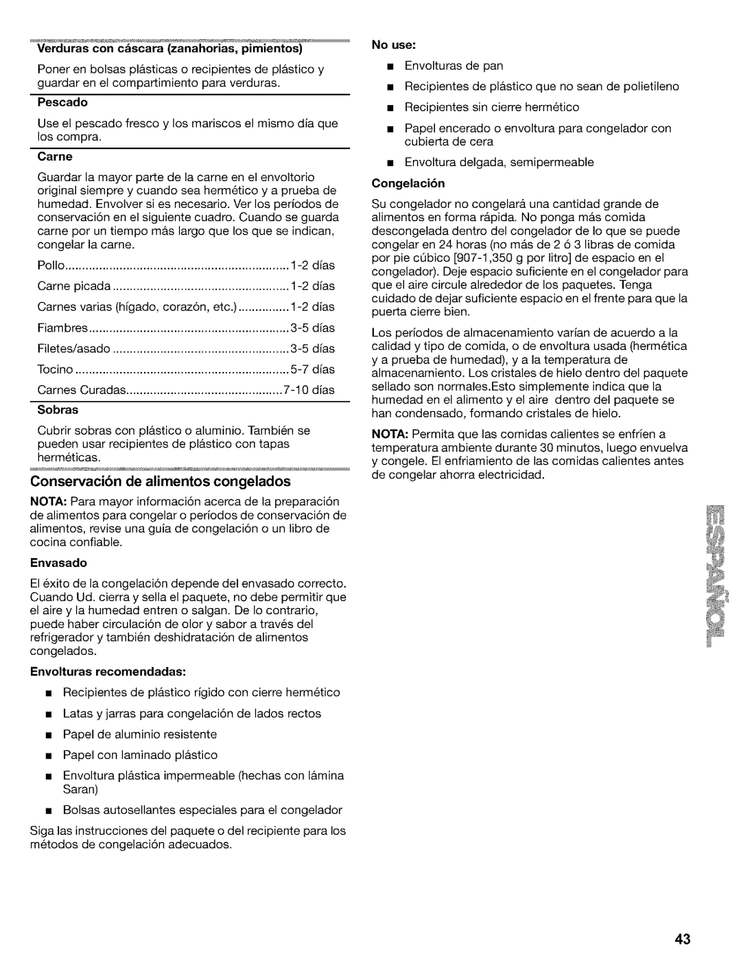 Kenmore Refrigerator, 2200128 manual Conservacibn de alimentos congelados 