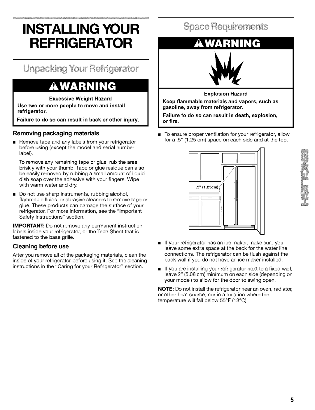 Kenmore 2200128 manual Installing Your Refrigerator, Removing packaging materials, Cleaning before use 