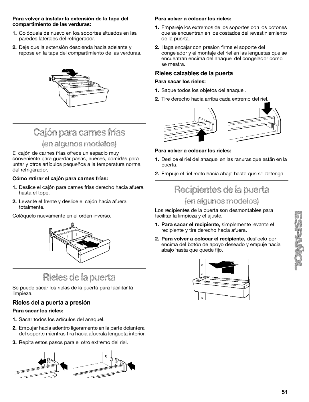 Kenmore Refrigerator Rieles del a puerta a presi6n, Rieles calzables de la puerta, Cbmo retirar el cajbn para carnes frias 