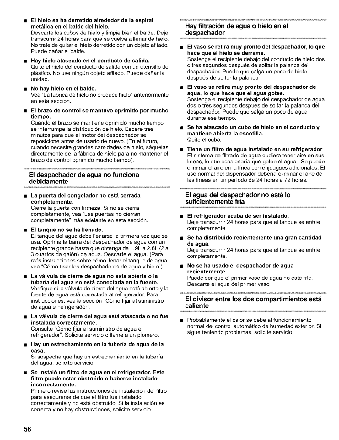 Kenmore 2200128 manual El despachador de agua no funciona debidamente, Hay filtracibn de agua o hielo en el despachador 