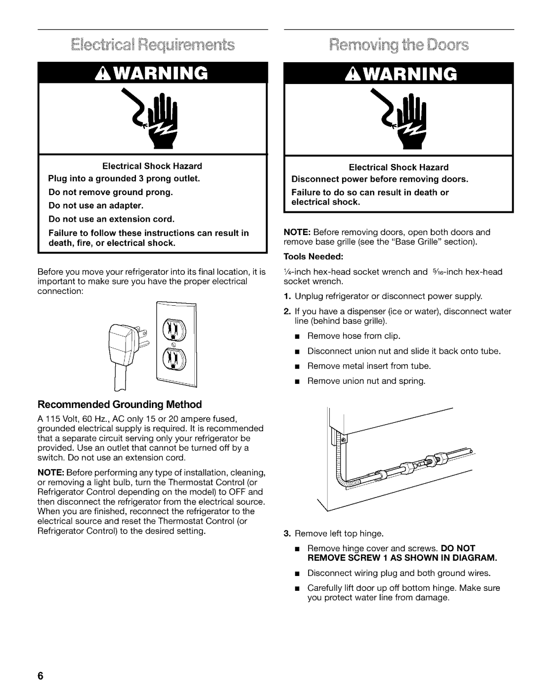 Kenmore 2200128, Refrigerator manual Recommended Grounding Method, Remove Screw 1 AS Shown in Diagram 