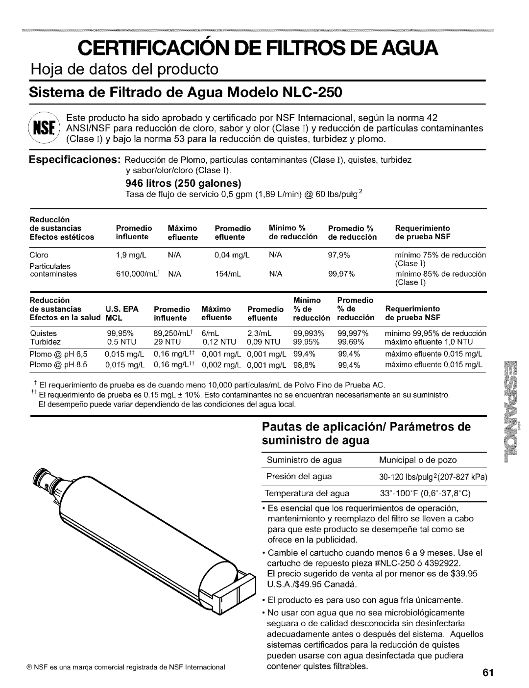 Kenmore Refrigerator, 2200128 manual Certificacion DE Filtros DE Agua, Litros 250 galones 