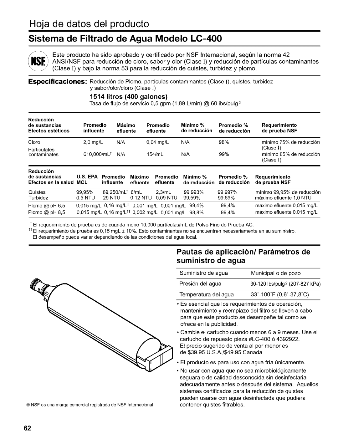 Kenmore 2200128, Refrigerator manual Sistema de Filtrado de Agua Modelo LC-400, Litros 400 galones 