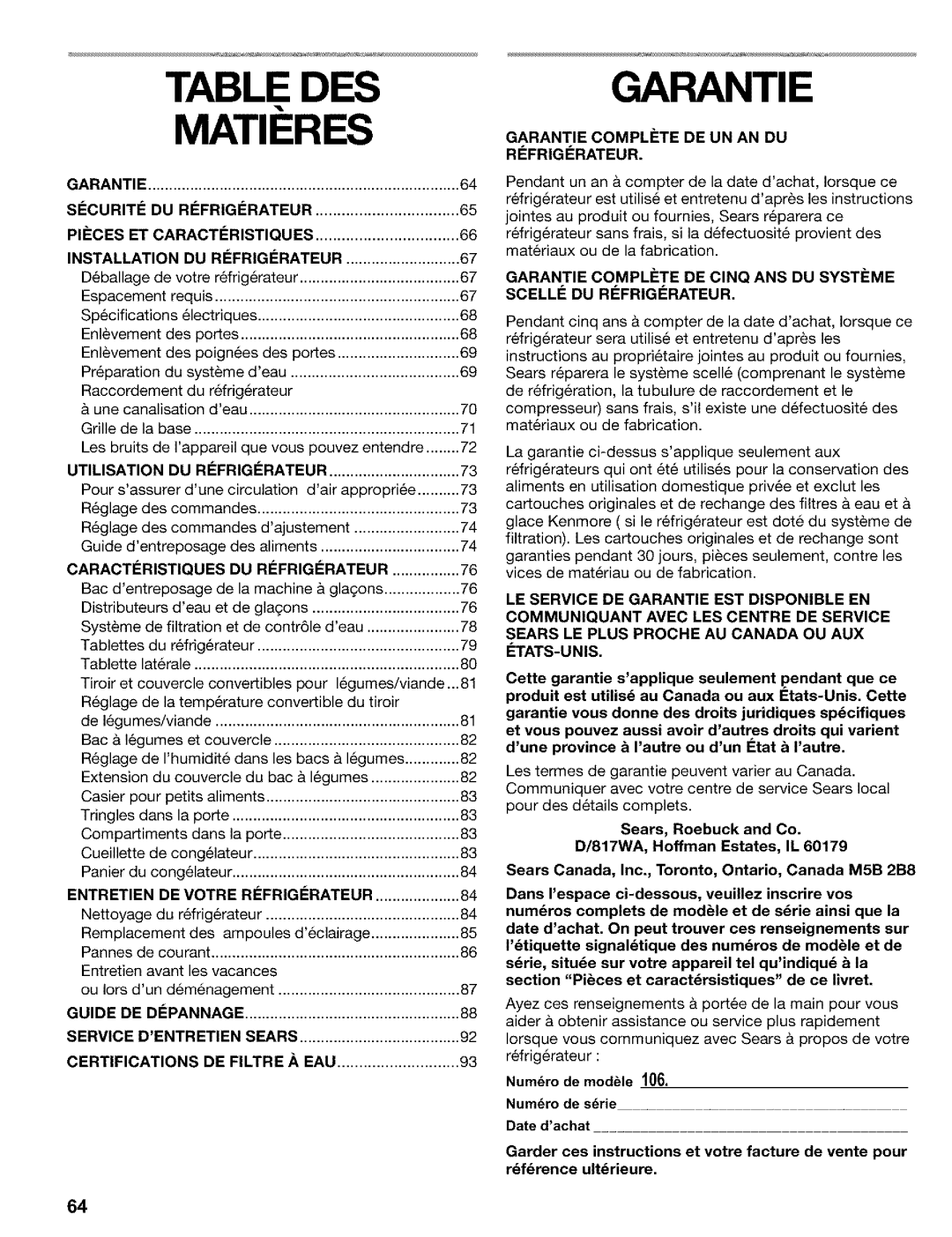 Kenmore 2200128, Refrigerator manual Garantie 