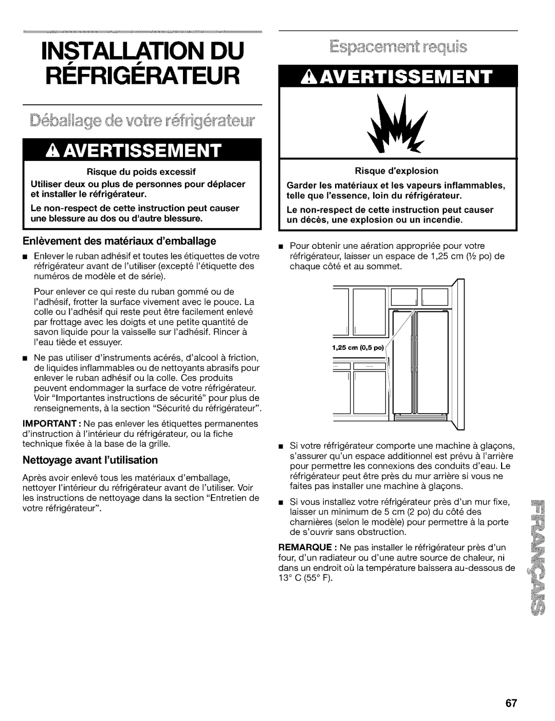 Kenmore Refrigerator Installation DU RI Frigi Rateur, Enlevement des matdriaux demballage, Nettoyage avant rutilisation 