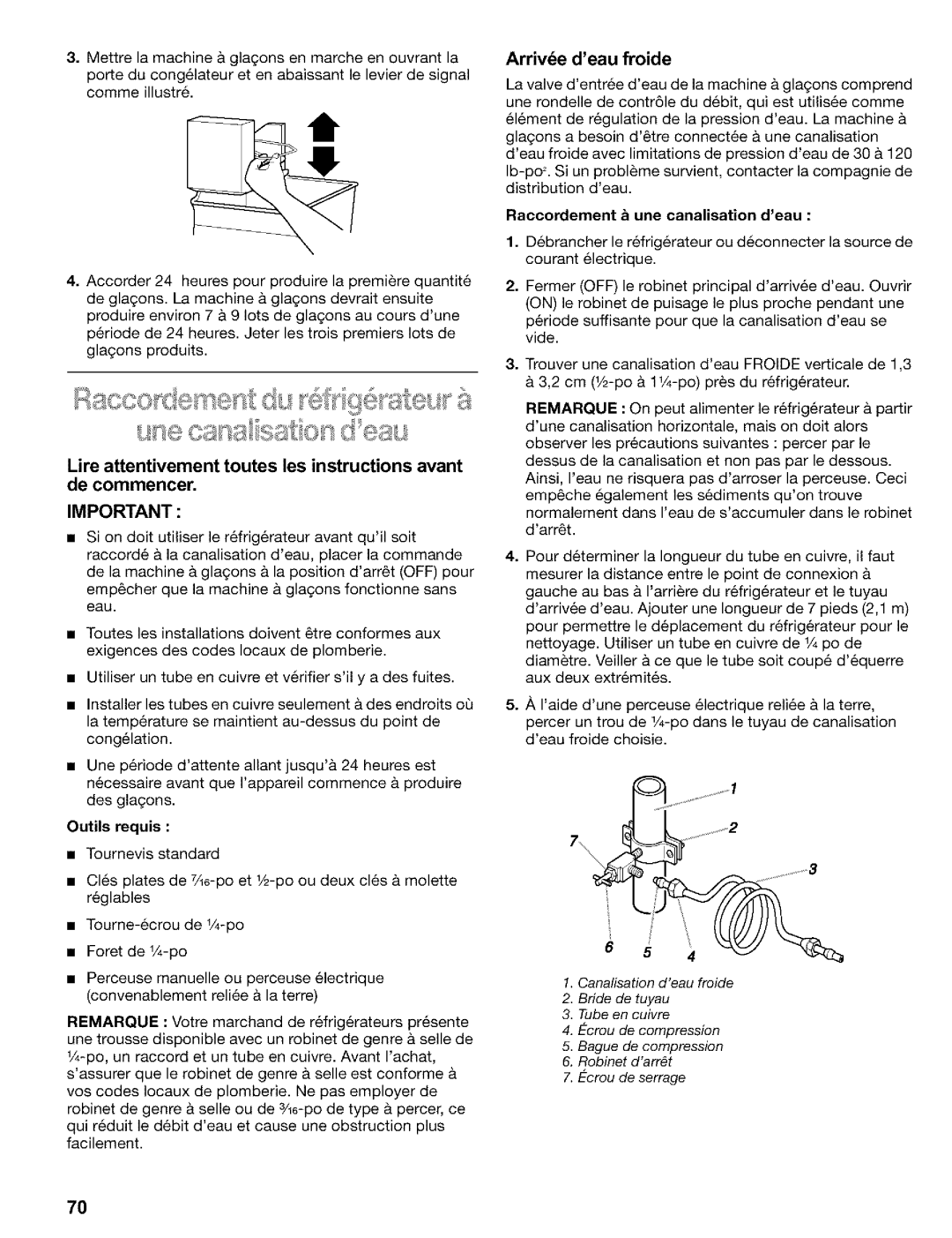 Kenmore 2200128, Refrigerator manual Arrivde deau froide, Raccordement b une canalisation deau 