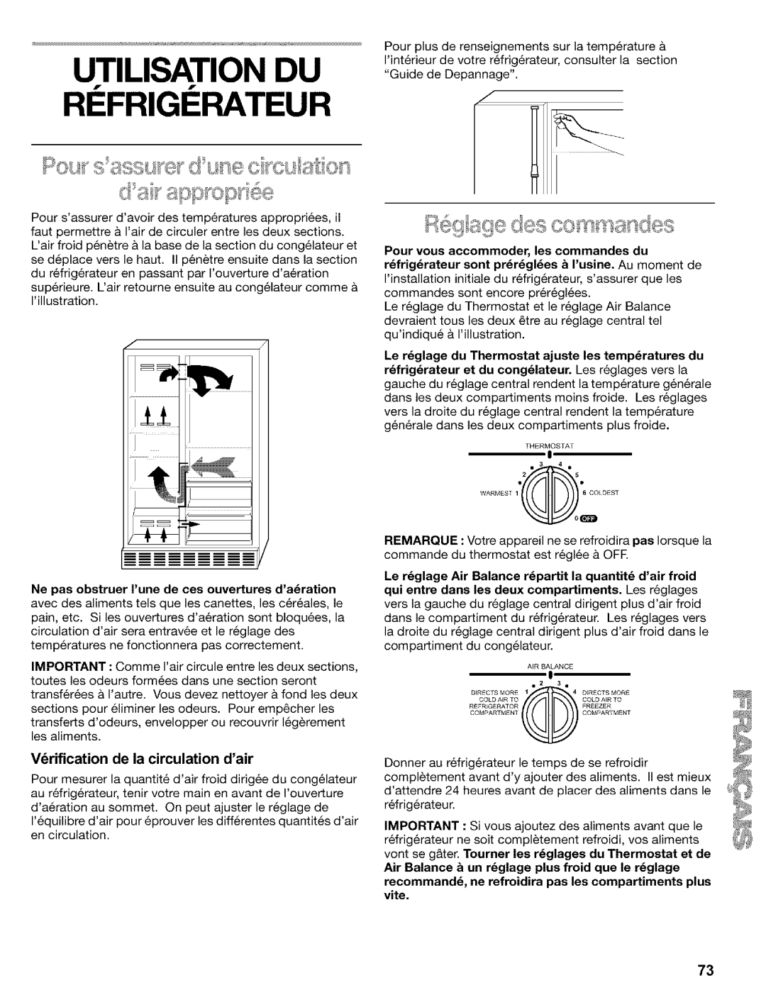 Kenmore Refrigerator, 2200128 manual Utilisation DU RI Frigi Rateur, Verification de la circulation dair 