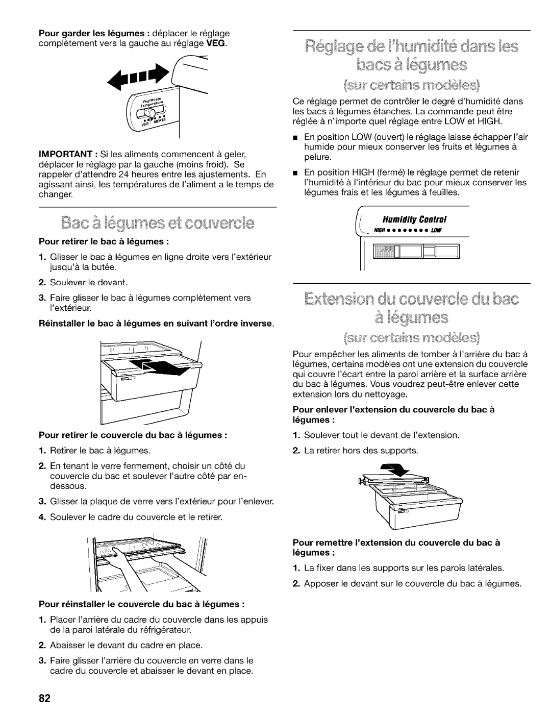 Kenmore 2200128, Refrigerator manual Pour retirer le bac b Igumes, Pour retirer le couvercle du bac b lgumes 