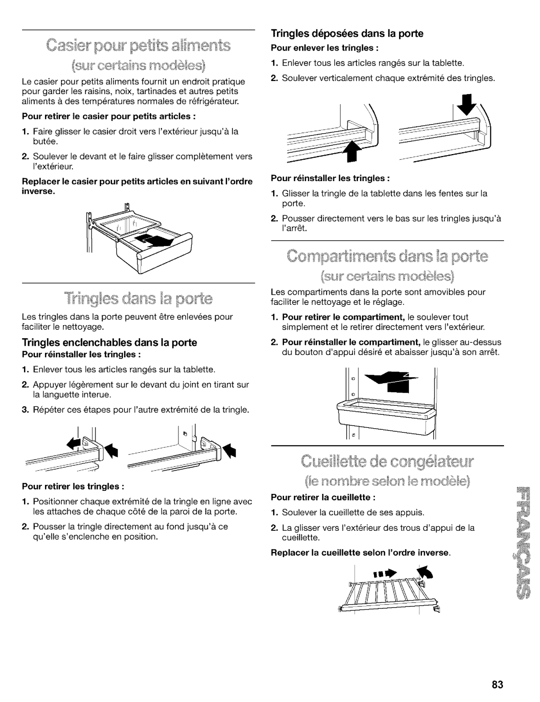 Kenmore Refrigerator, 2200128 manual Tringles dposes dans la porte, Tringles enclenchables dans la porte 