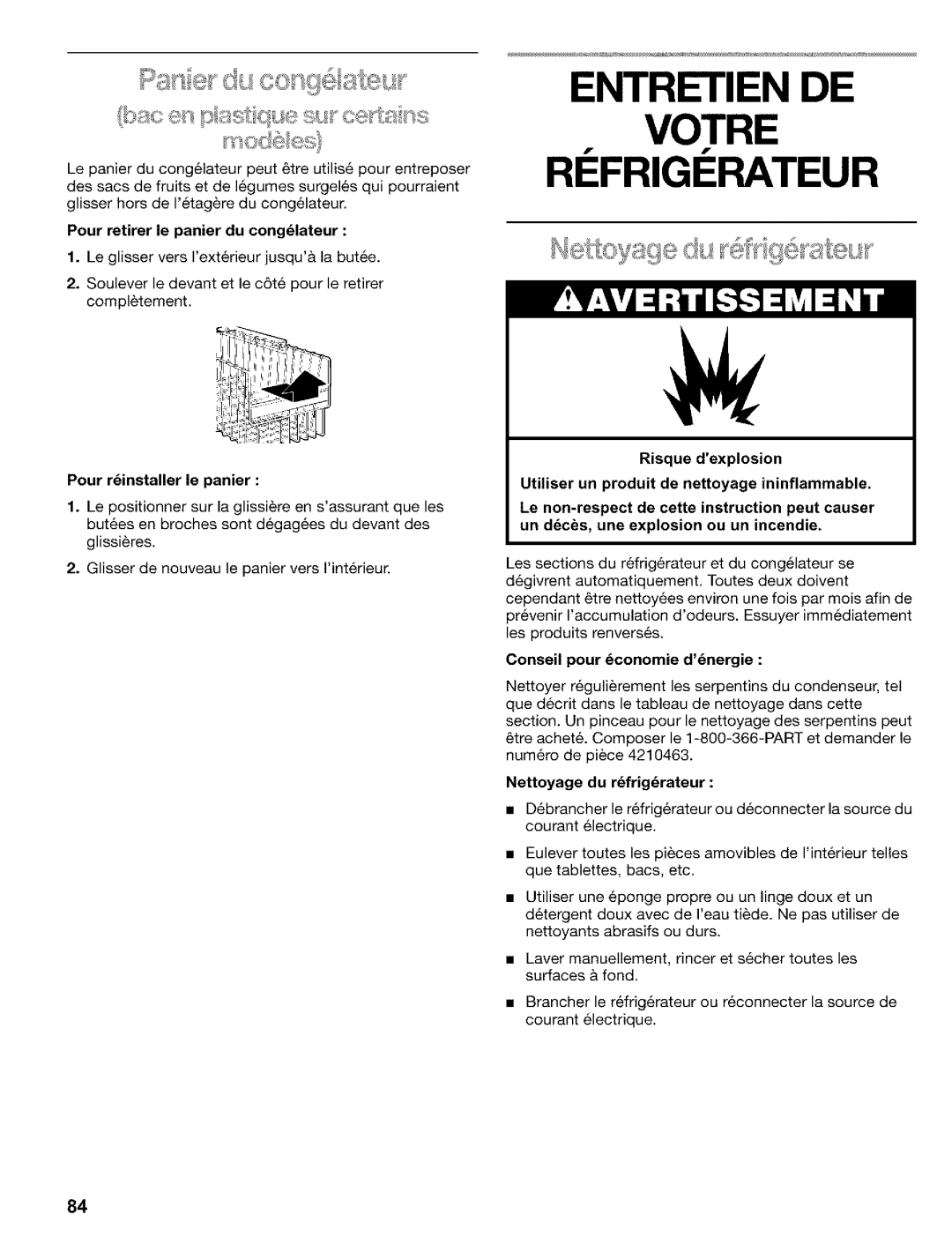 Kenmore 2200128 Entretien DE Votre RI Frigi Rateur, Pour retirer le panier du congdlateur, Pour r6installer le panier 