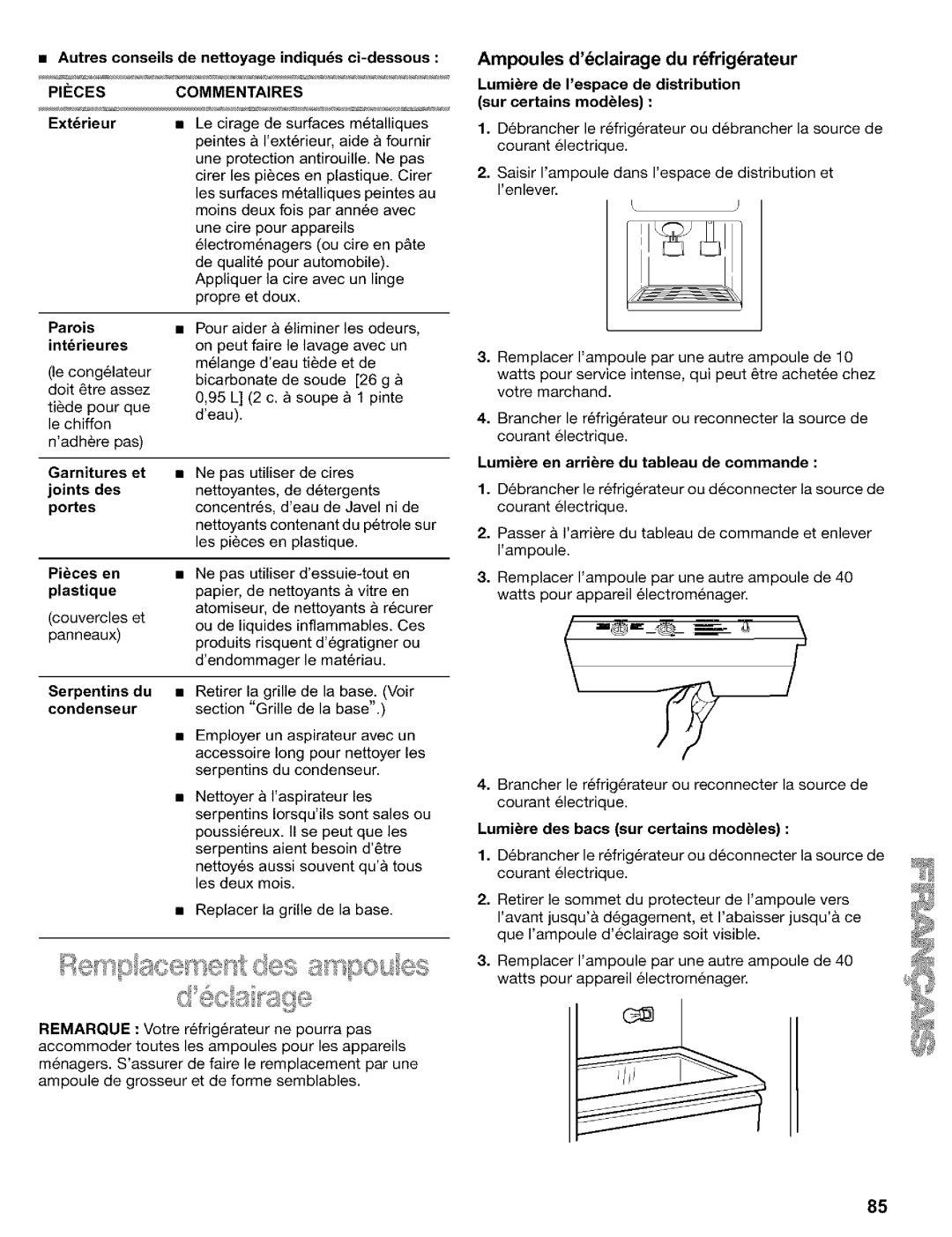 Kenmore Refrigerator, 2200128 manual Ampoules ddclairage du rdfrigdrateur, Piecescommentaires 