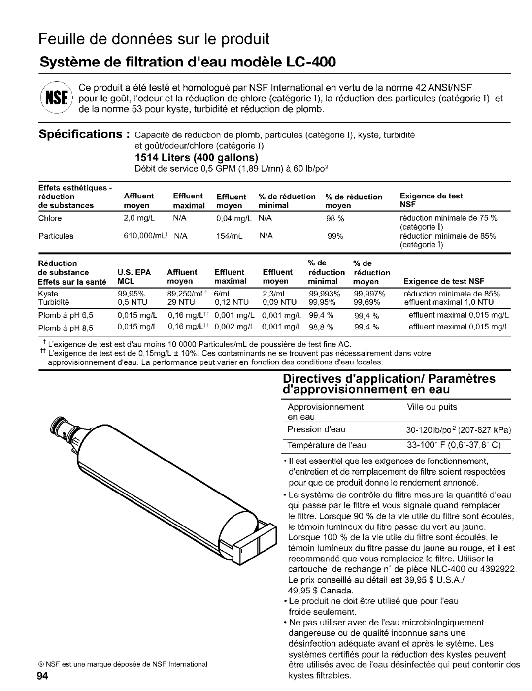 Kenmore 2200128, Refrigerator manual Liters 400 gallons, Nsf 