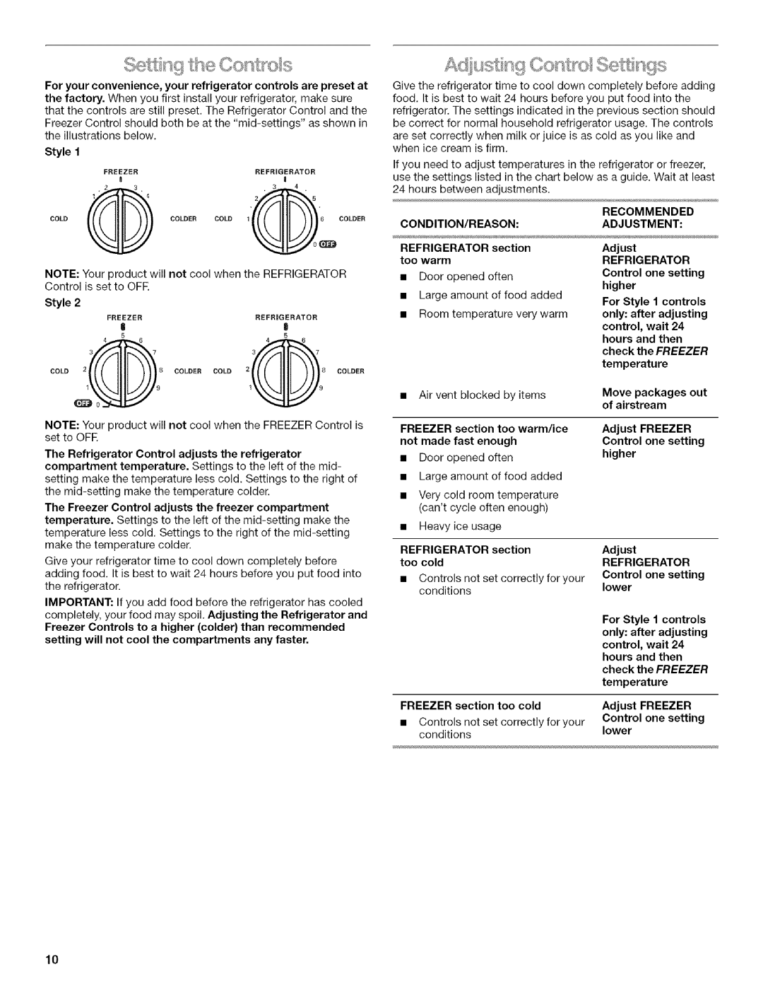 Kenmore 2205960 manual Condition/Reason, Recommended Adjustment 