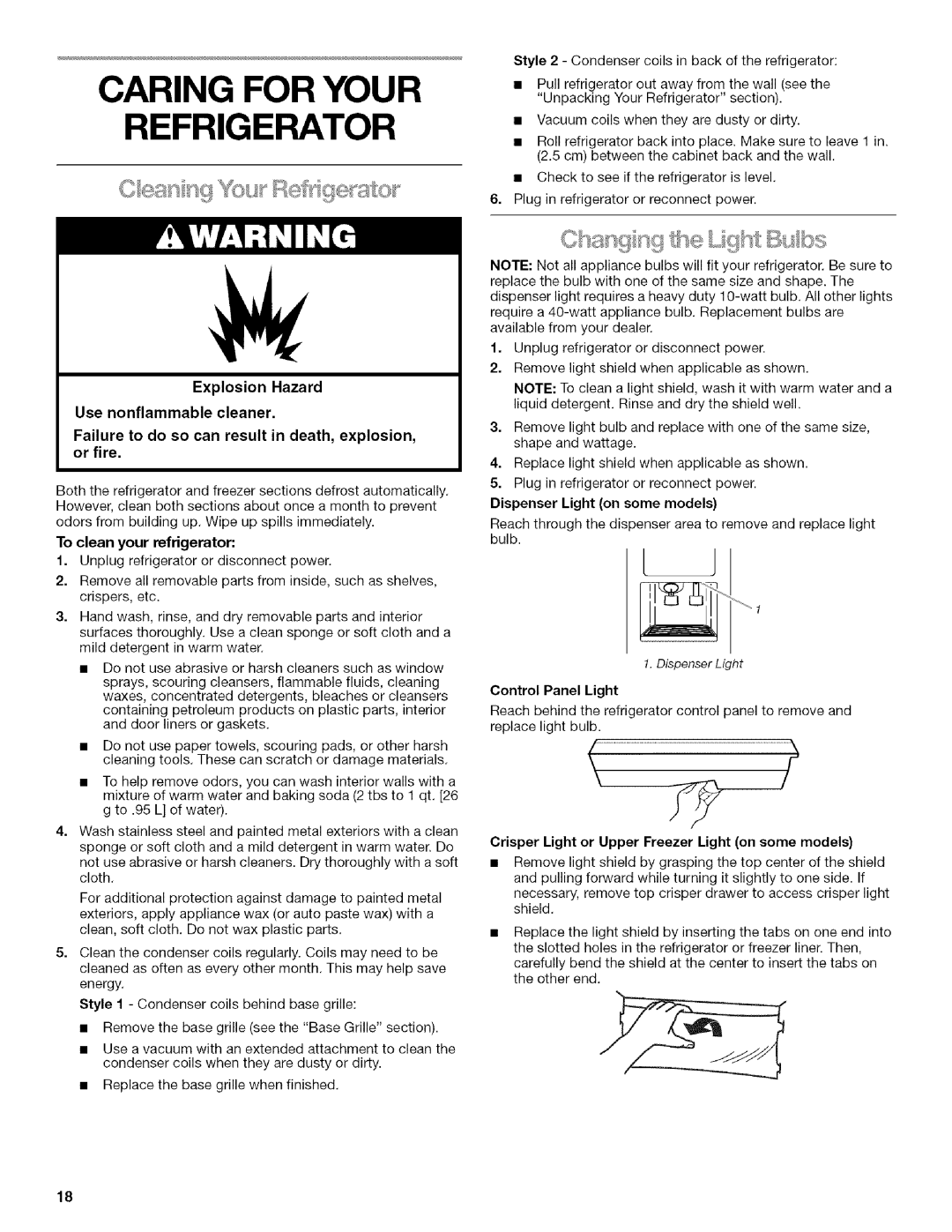 Kenmore 2205960 manual Caring for Your Refrigerator, To clean your refrigerator, Dispenser Light on some models 