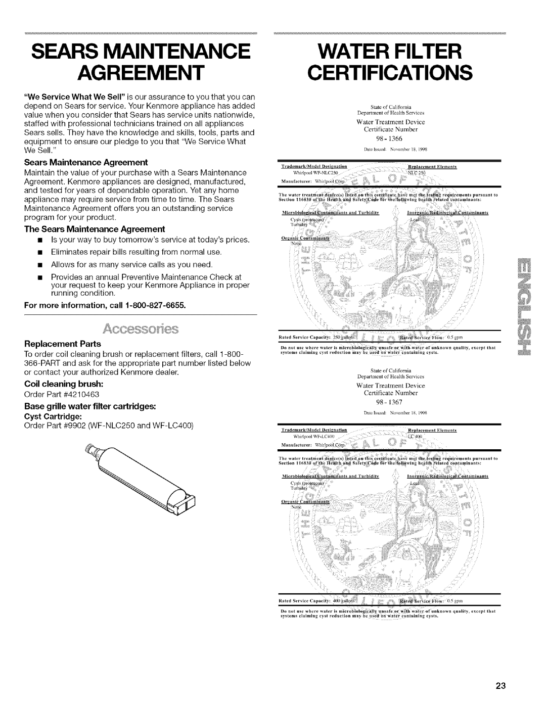 Kenmore 2205960 manual Sears Maintenance Agreement, Water Filter Certifications, Replacement Parts 