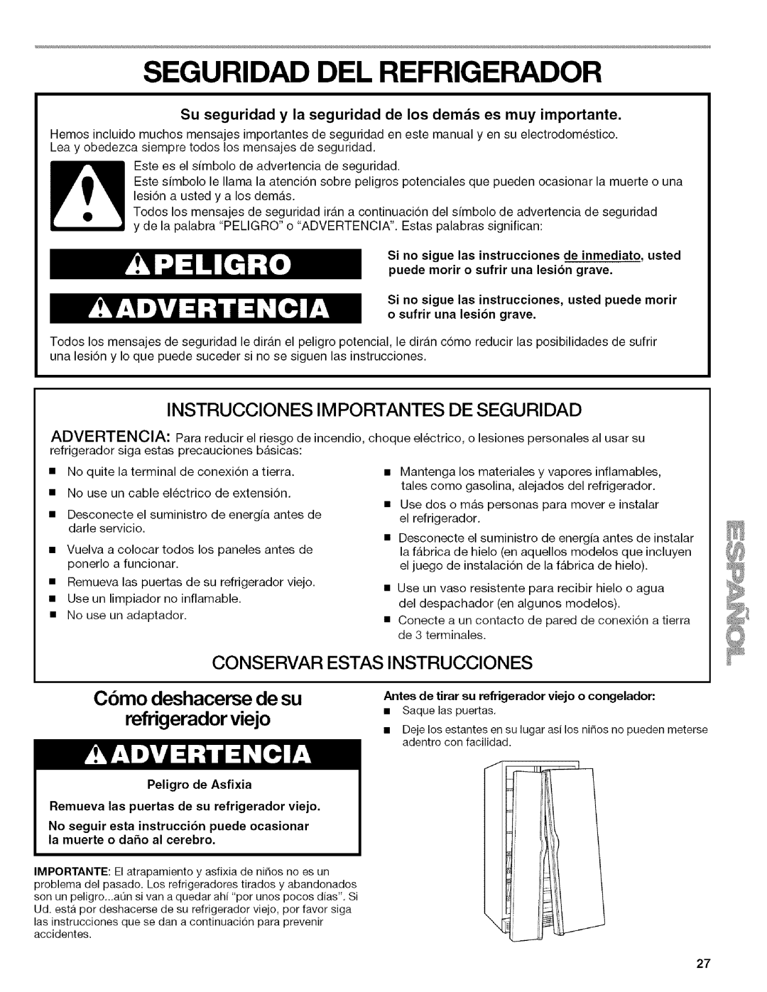 Kenmore 2205960 manual Seguridad DEL Refrigerador, Antes de tirar su refrigerador Viejo 