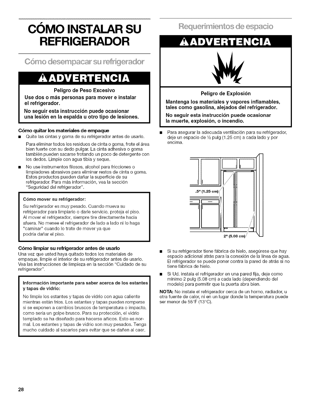 Kenmore 2205960 manual Como Instalar SU, C6mo mover su refrigerador, Cbmo limpiar su refrigerador antes de usarlo, 08 cm 