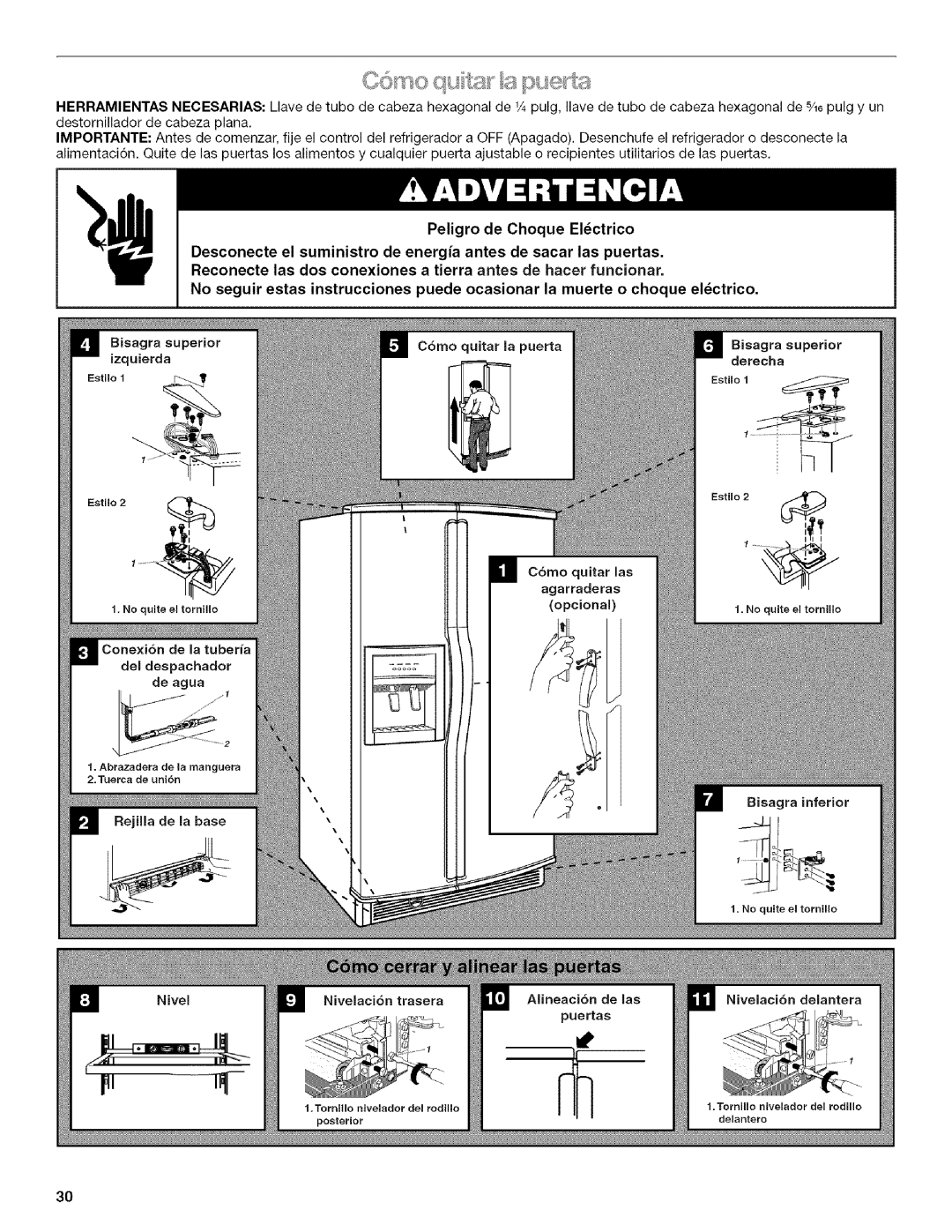 Kenmore 2205960 manual Bisagra superior, Izquierda Derecha 