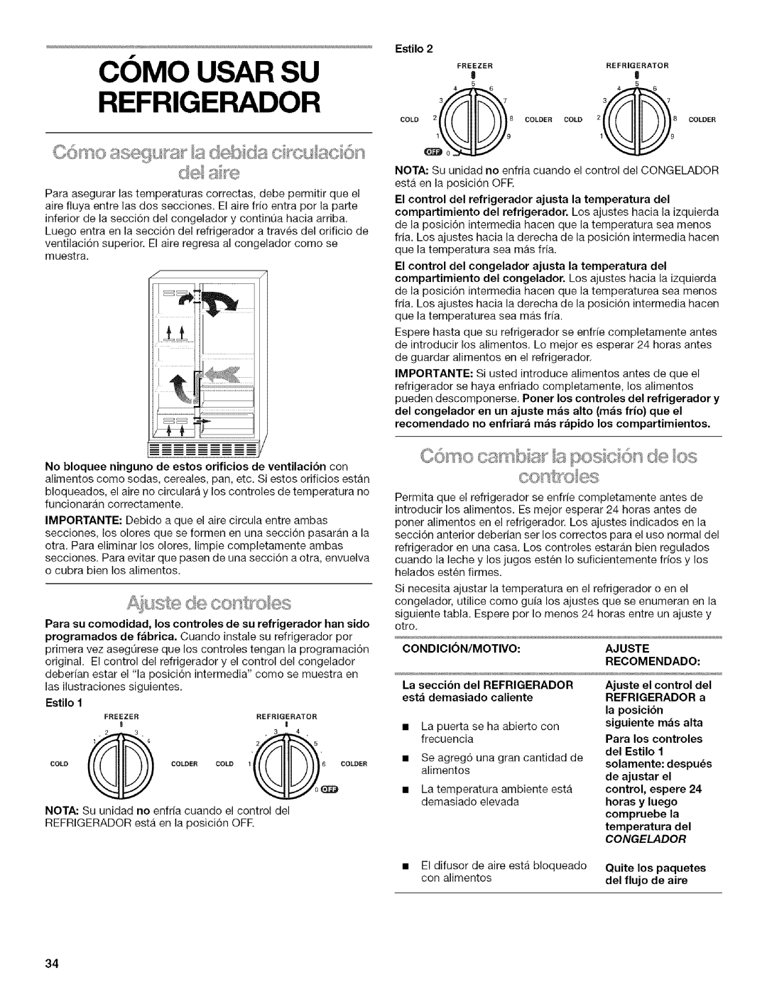 Kenmore 2205960 manual Como Usar SU Refrigerador, Condicion/Motivo, La secci6n del Refrigerador esta demasiado caliente 